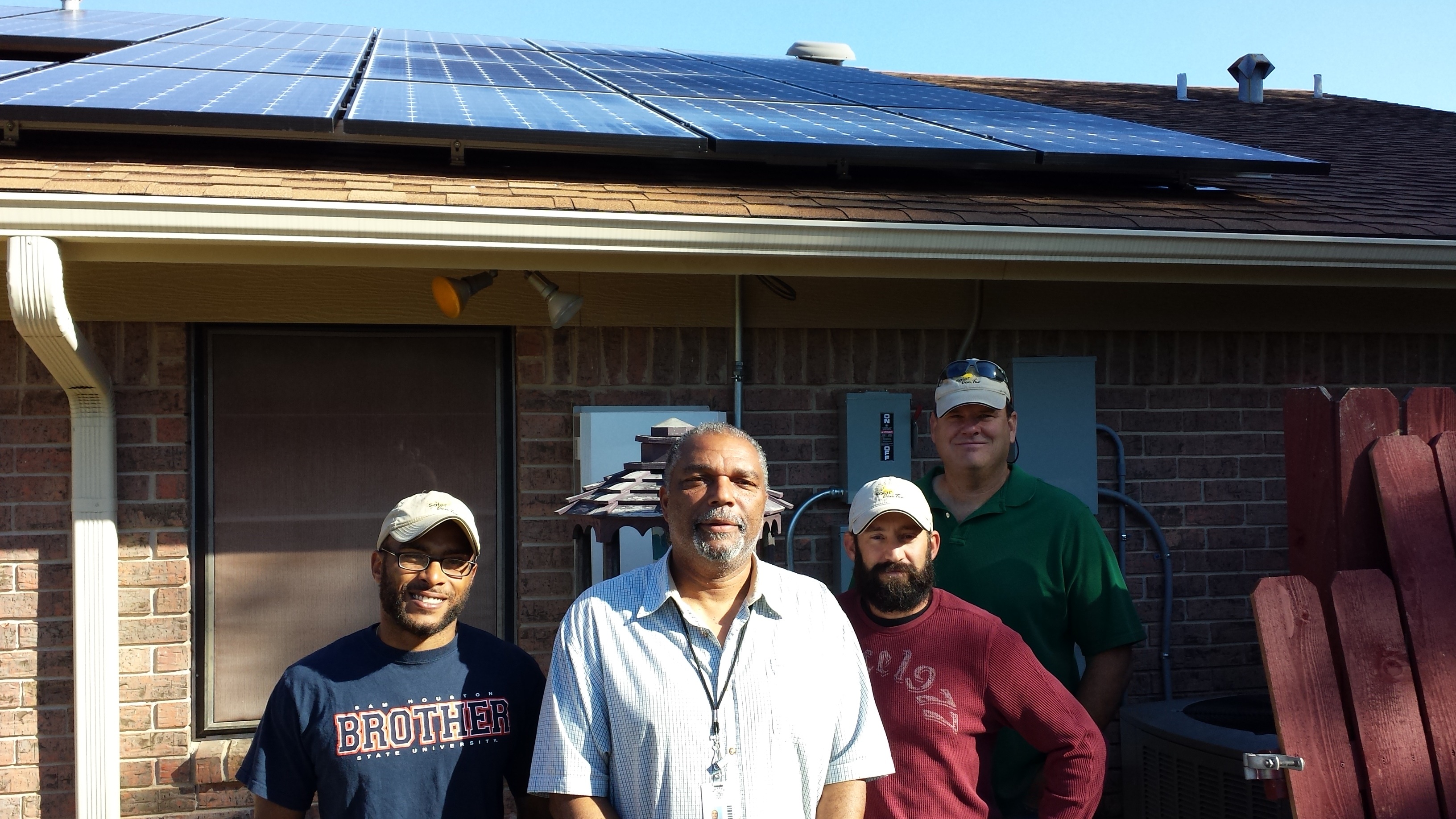 Solar CenTex in Killeen, TX employs a team of U.S. Army veterans. From left to right, Solar CenTex Associate Lyvell Marzett, Army Veteran; customer Ira Fortune (US Army, retired); Solar CenTex Associate Kerry Nolen, Army Veteran; Solar CenTex Associate Fred Wahlgren, US Army, retired.